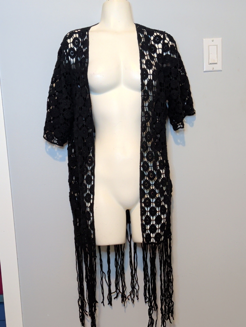 Rebellion Black Crochet Fringe Open-Front Shrug